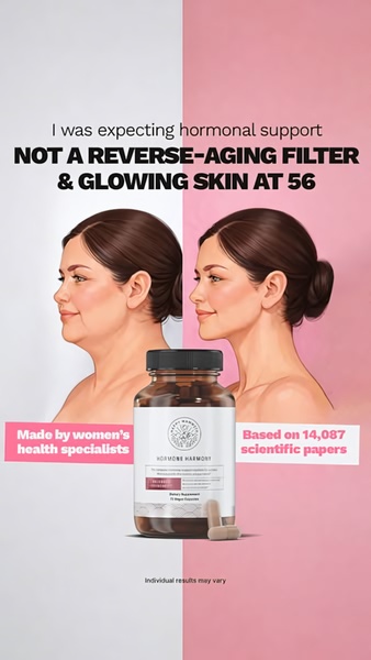 A split-screen comparison creative showcasing a user's transformation alongside the physical supplement bottle, highlighting hormonal and aesthetic benefits.
